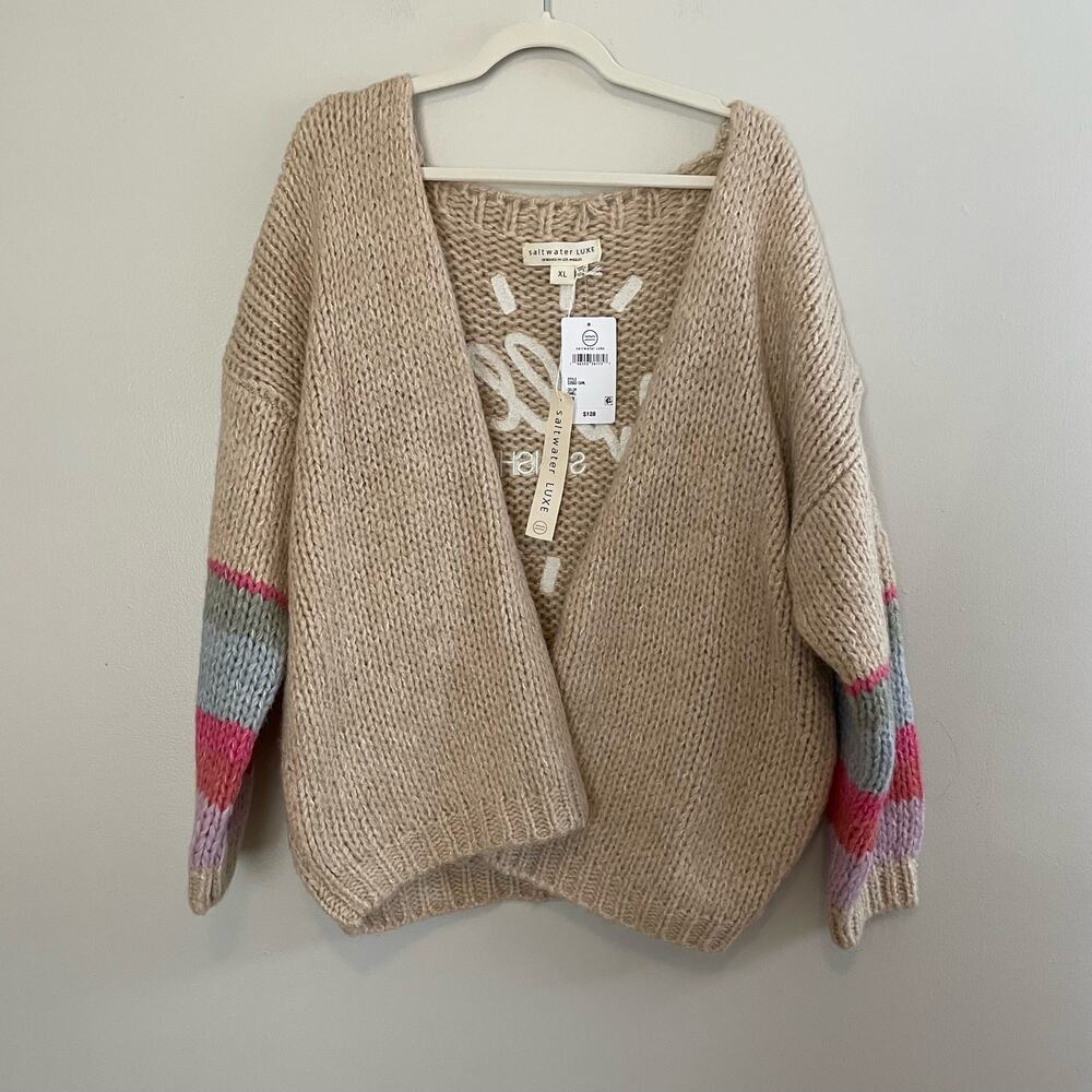 NWT $128 Saltwater Luxe Size XL Beige Cardigan Sweater Hello Sunshine Long Sleev